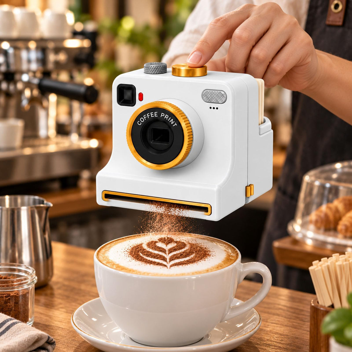 Manual Coffee Art Printer, Retro Camera-Style Latte Stencil Maker with 4/34 Random Pattern Cards, One-Press Powder Reusable Coffee Art Tool for Cappuccino, Foam Drinks，White：34 Random Stencils