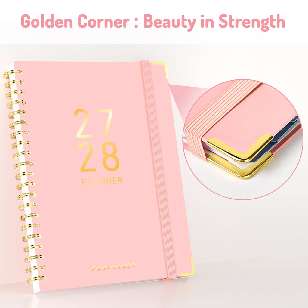 Forvencer Planner 2027-2028, 18 Month Calendar Planner, Jan 2027-June 2028 | 8.5"x11", Weekly and Monthly, Daily Agenda Book with Tab, Spiral Journal Organizer for Office Home Teacher School, A4, Pink