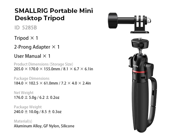 SMALLRIG Small Camera Tripod Selfie Stick, Extendable 8"-15" Mini Tripod | Carabiner with Mantis Hook, 360° Ball Head, Cold Shoe Mount, 1/4"-20 Screw for DSLR, Adapter for DJI, for GoPro - 5285