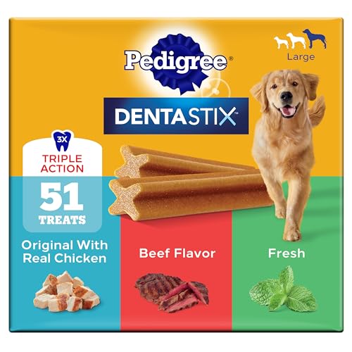 Pedigree Dentastix Large Breed Dental Dog Treats, Variety, 51 Count | Original Chicken, Beef, and Fresh flavors, reduces plaque and tartar buildup, cleans teeth, freshens breath, for dogs 40+ lbs