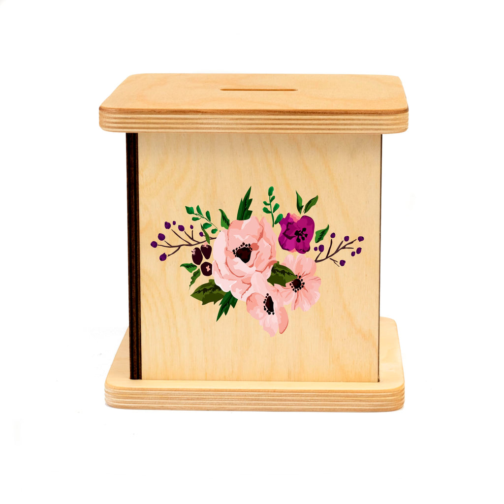 Wooden Piggy Bank for Kids and Adults, Personalized Gift Handmade in USA by BloomOwl, Custom Piggy Bank, Personalized Banks for Kids, Gifts for Baby Boys and Girls (Plum Floral)