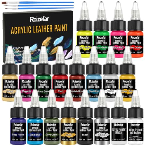 Roizefar Acrylic Leather Paint, 18 Colors with Deglazer & Finisher | All-in-One Kit, Flexible & Waterproof Leather Dye for Shoes, Bags, Jackets, Sneakers, Car Seats, Sofa, 0.34 fl oz Each
