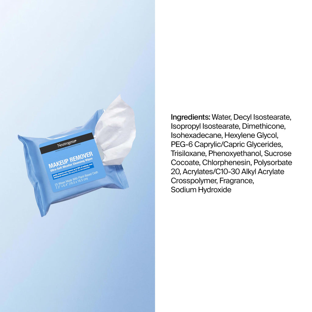 Neutrogena Makeup Remover Micellar Wipes, 2 Pack of 25 Ct | Plant-Based Micellar Water Cleansing Cloths, Gently Removes Oil, Dirt & Waterproof Makeup, No Heavy Residue, Alcohol-Free