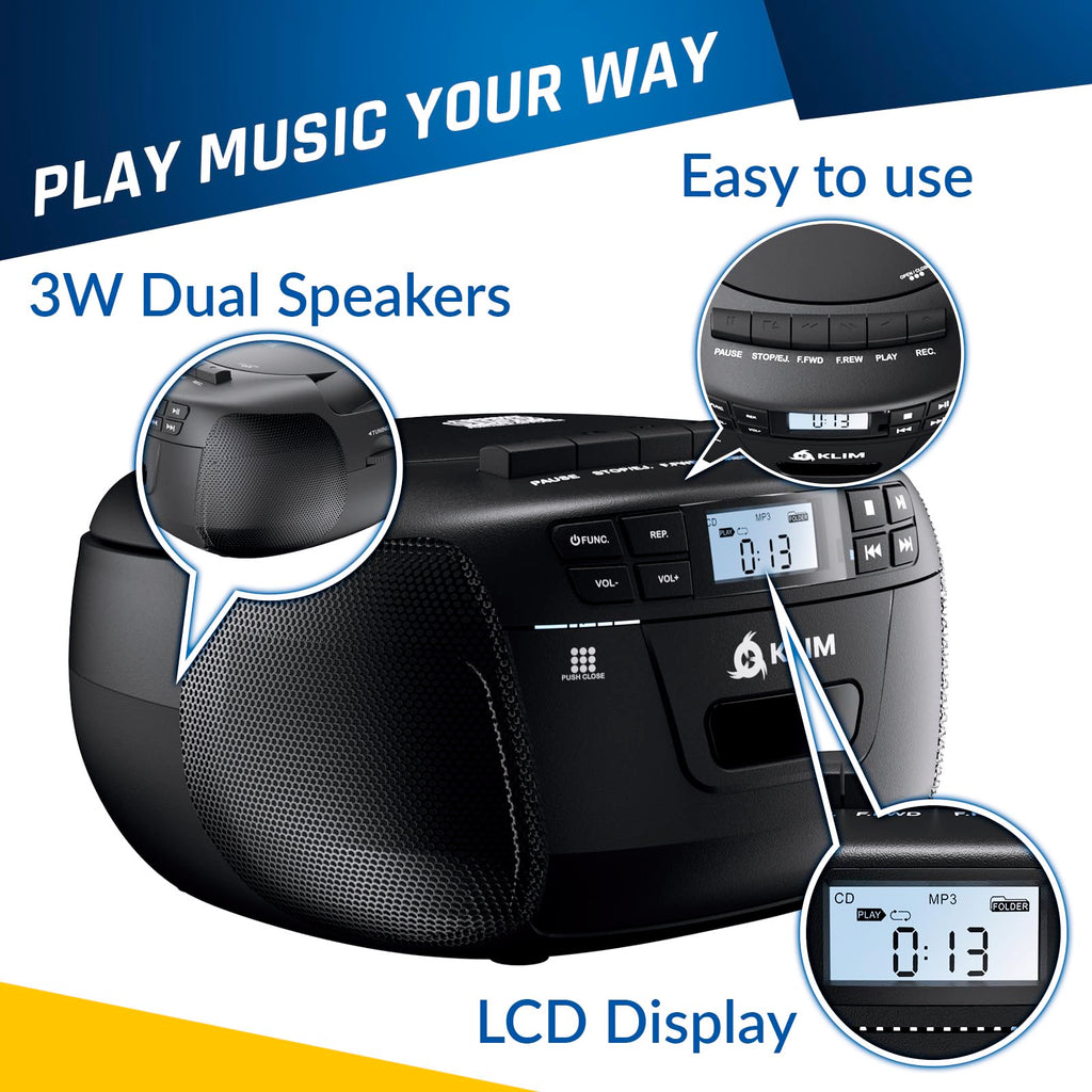 CD Cassette Player with Case, Bluetooth Boombox, AM FM Radio, USB Drive | 3W Stereo Speakers, Song Programming Included, Remote Operates Up to 6 Metres Away - Black