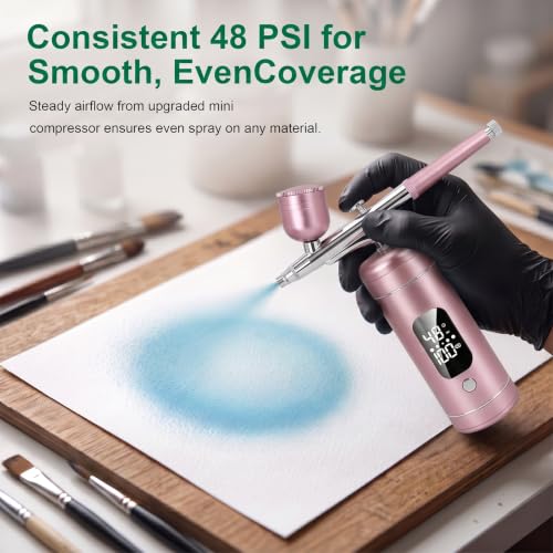 Cordless Airbrush Kit with Compressor, 48 PSI High Pressure, 3-Speed | 950mAh Rechargeable, 0.2/0.5mm Nozzles & 3 Cups, Non-Clogging, for Cake, Models, Makeup, Painting, Nail Art