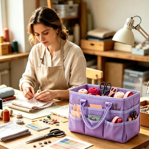 AUVCAS Craft Organizer Tote Bag, Art Supply Organizer Bag for Art Supplies | 10 Pockets,Portable Handle,Collapsible Design,Reinforced Base,Sturdy Art Caddy Bag for Scrapbooking,Craft,Art,Sewing