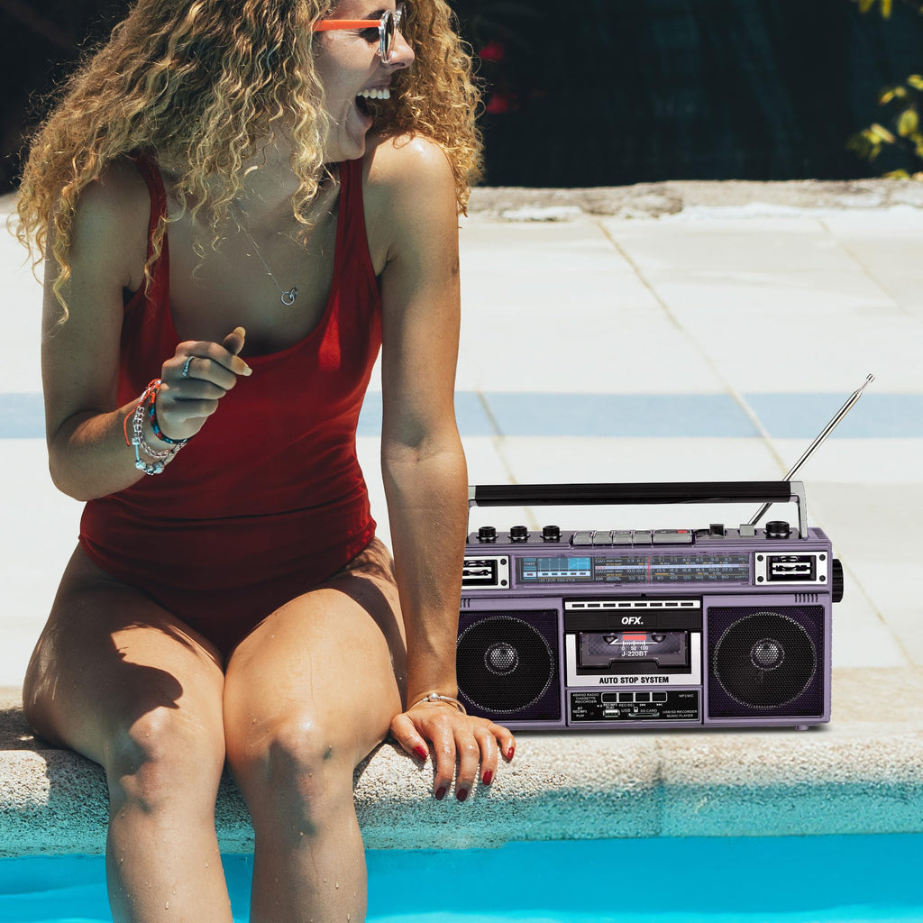 QFX Retro Bluetooth Boombox Cassette Tape Player Recorder, J-220BT, Purple | Portable, Dual 3" Speakers, AM/FM/SW1/SW2 Radio, Built-in Microphone, Recorder, 3-Band Equalizer - Limited Edition