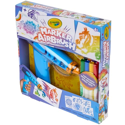 Crayola Marker Airbrush Spray Art Kit, 8 Washable Markers, 5 Stencils | Arts & Crafts Toys for Kids, Birthday, Holiday Gifts for Girls & Boys 6+, Battery-Powered Sprayer Kids Activities