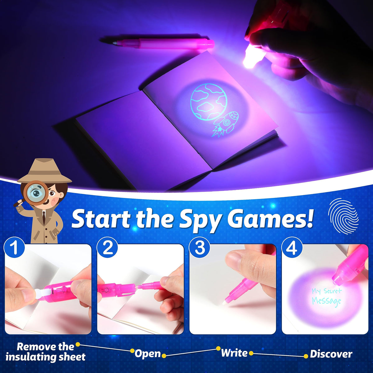 Joycover 24 PCS Invisible Ink Pen with UV Light for Kids, Spy Pens and Notebook，Birthday Party Favors for Kids 4-8, School Prize Goodie Bag Stuffers, UV Pen for Secret Message Escape Room