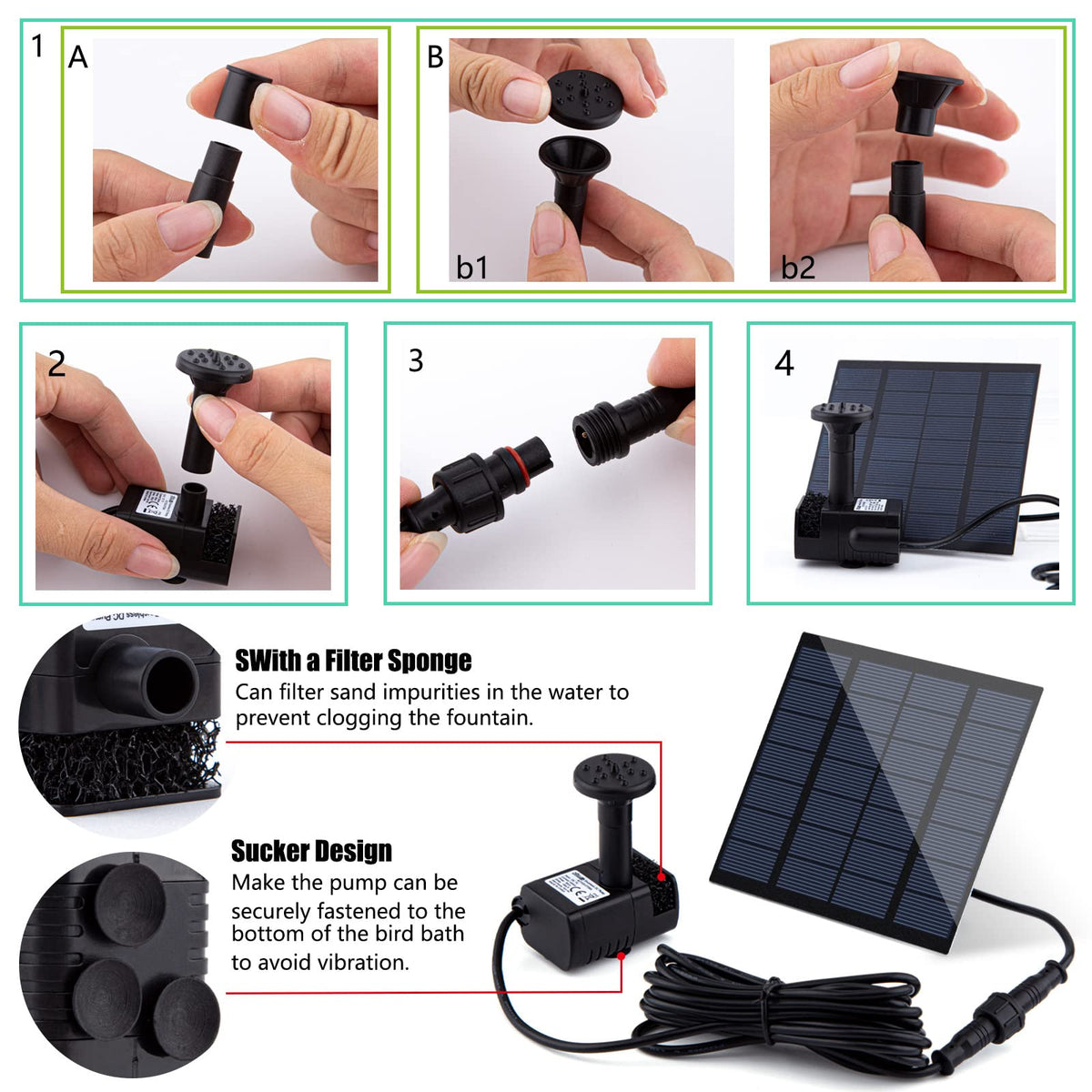 Solar Fountain Pump Kit with Separate Solar Panel, 1.8 W Upgraded Solar Water Pump with 9.84FT Cable & 4 Nozzles Solar Water Fountain for Bird Bath,Pond, Patio Garden Water Pump with Built-in Filter
