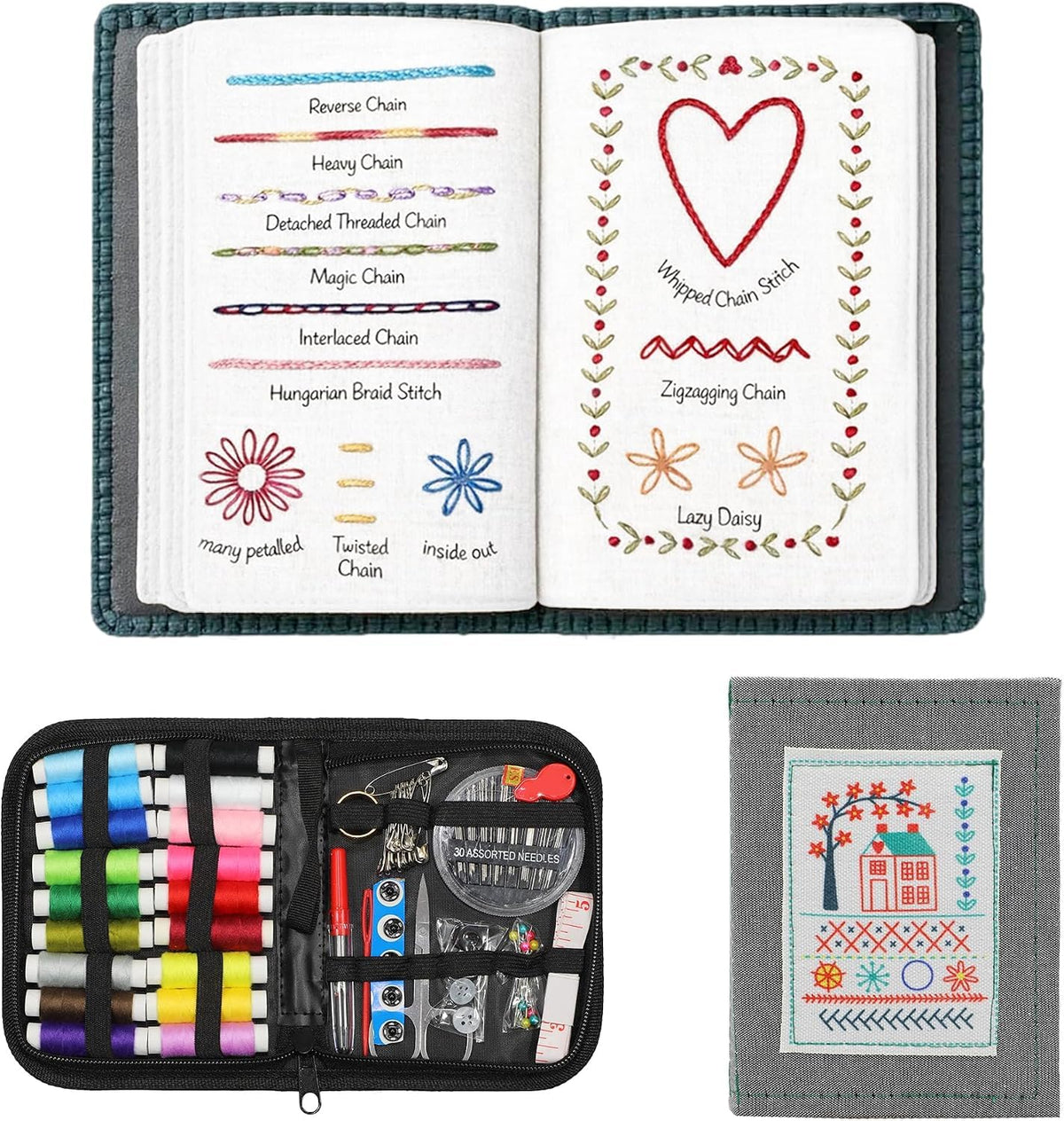 Embroidery Stitch Book Kit for Adults & DIY Craft Enthusiasts, Portable Embroidery Kit for Beginners, Includes Guide to 106 Patterns with Tools & Tutorials and 86-Piece Sewing Tool Set