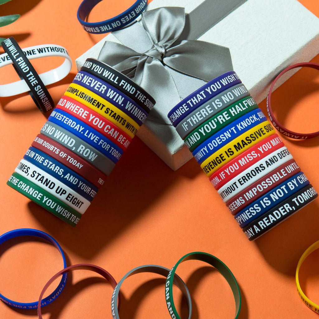 QEERBSIN 100 Pcs Motivational Silicone Wristbands Inspirational Bracelets | 20 Styles For Fitness Sports & Team Building, Perfect Encouragement Gifts For Men Women And Students