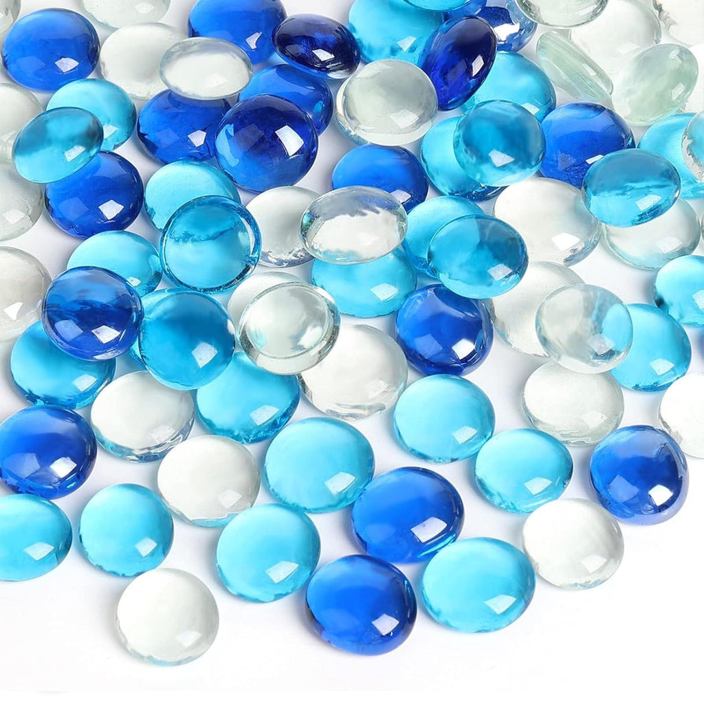 FuturePlusX 1 LB Mixed Blue Glass Beads, Flat Marbles for Vase Fillers | Decorative Glass Pebbles, Rocks Fish Tank Aquarium Decor, Table Scatter and DIY Crafts