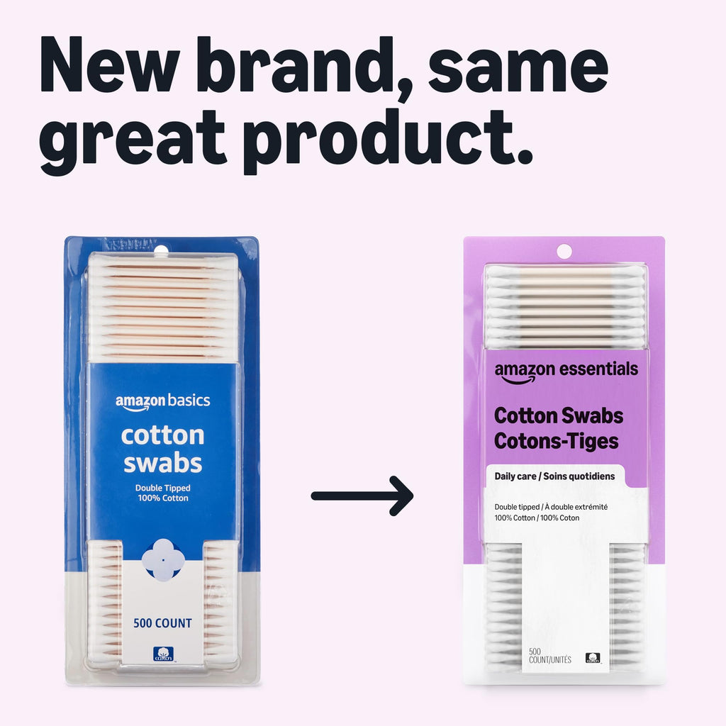 Amazon Basics Double-Tipped Cotton Swabs for Personal Hygiene and Baby Care, Cotton, Versatile, 500 Count