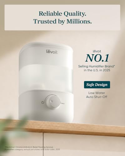 Levoit Top Fill Humidifiers for Bedroom, 2.5L Tank for Large Room, 25dB | Easy to Fill & Clean, Quiet Cool Mist Air Humidifier for Home Baby Nursery & Plants, Auto Shut-off for Safety, 25H Lasting
