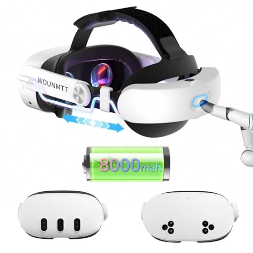 WOUNMTT Head Strap for Meta Quest 3/3S with Battery, Adjustable | Patented one-click fit with 3-level rear support. Built-in battery adds 2-4H playtime. Fast charge. Reduces facial pressure