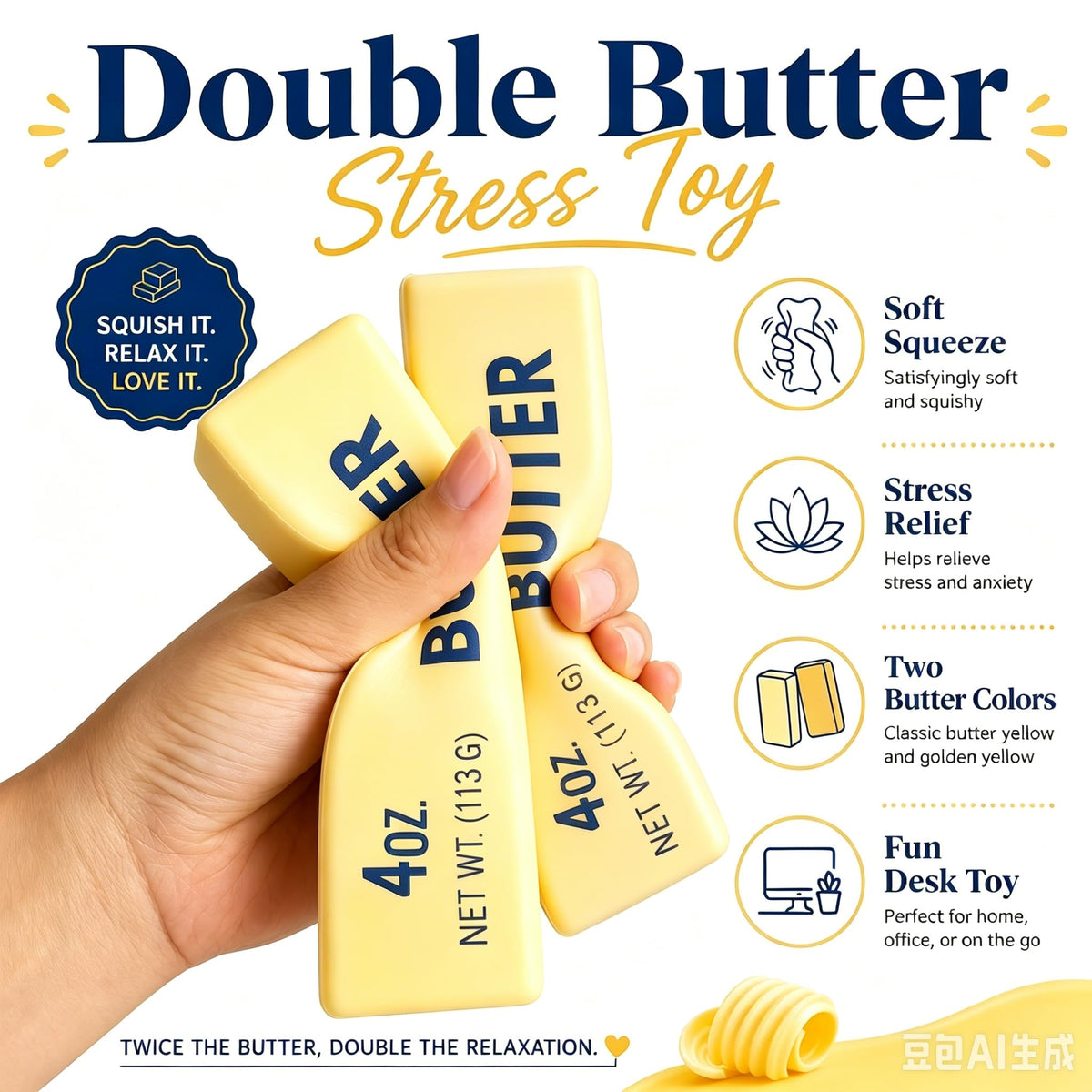 2 PCS Butter Squishy,Butter Squishy Toy, Squishy Fidget Toy, Stress Relief Toy, Soft Squeeze Anxiety Relief Fidget Toy, 4oz Butter-Shaped Squishy Toy for Office Desk Home, Reusable Durable Material