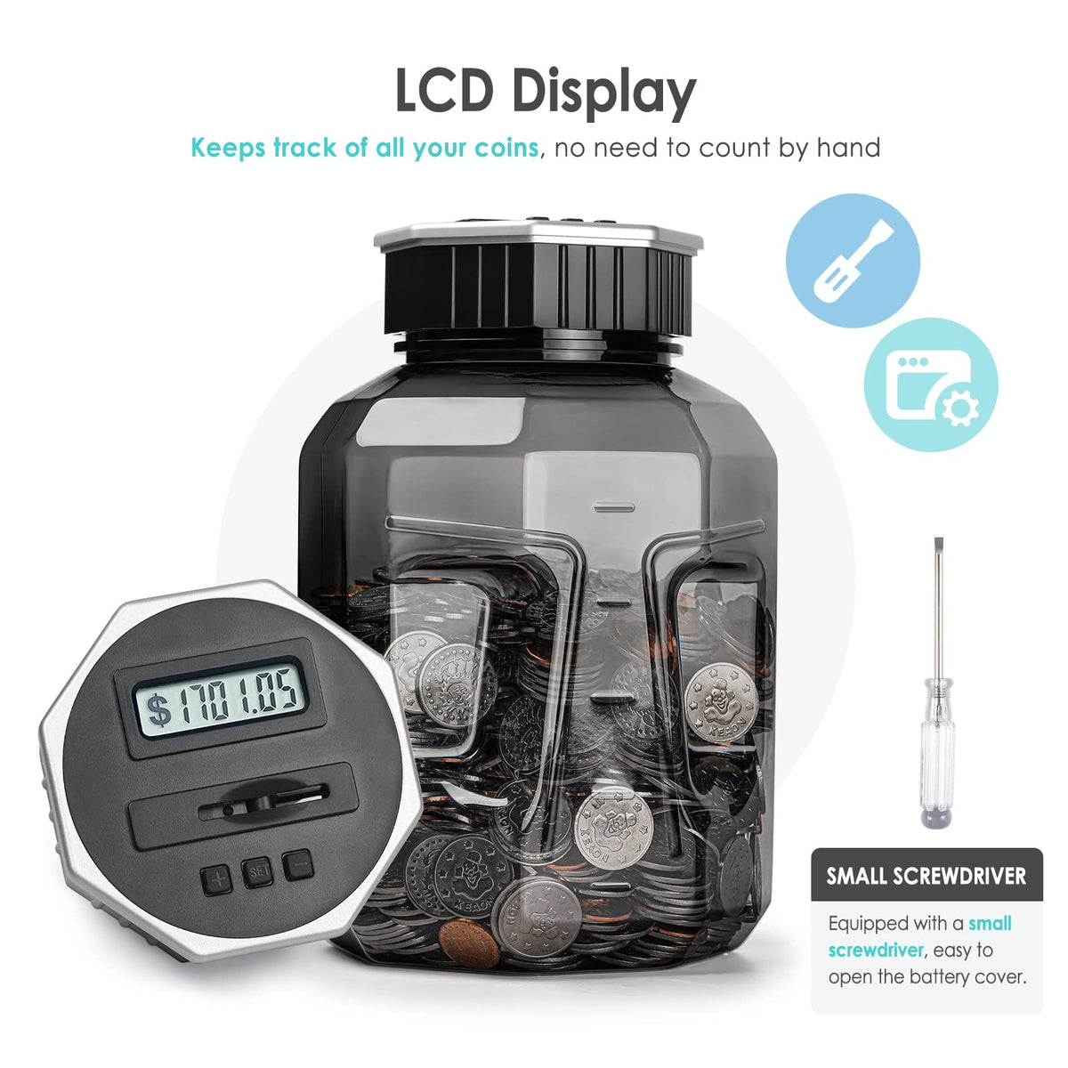 X-Large Piggy Bank for Adults Kids, Digital Coin Counting Bank LCD Counter | Vcertcpl 2.4L Capacity, Great Coin Counter Bank Money Counting Jar with Total Amount Displayed, Bank for All US Coins Gray
