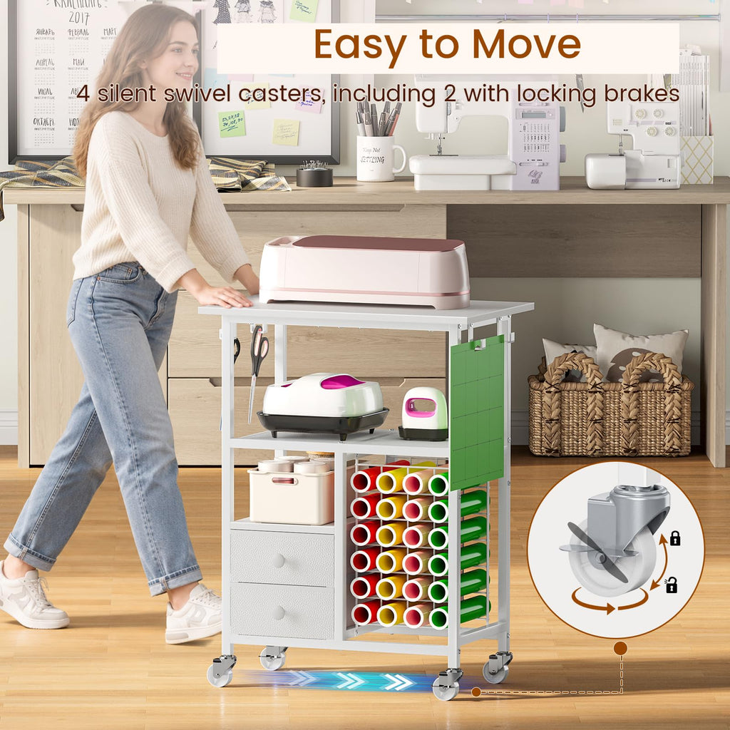 Snughome Rolling Craft Cart for Cricut Machine, Organizer and Storage Stand | 23.6" x 15" Worktop, Large Craft Organizer Cart with 24 Vinyl Roll Holders, 2 Fabric Drawers, 4 Hooks and 4 Silent Casters