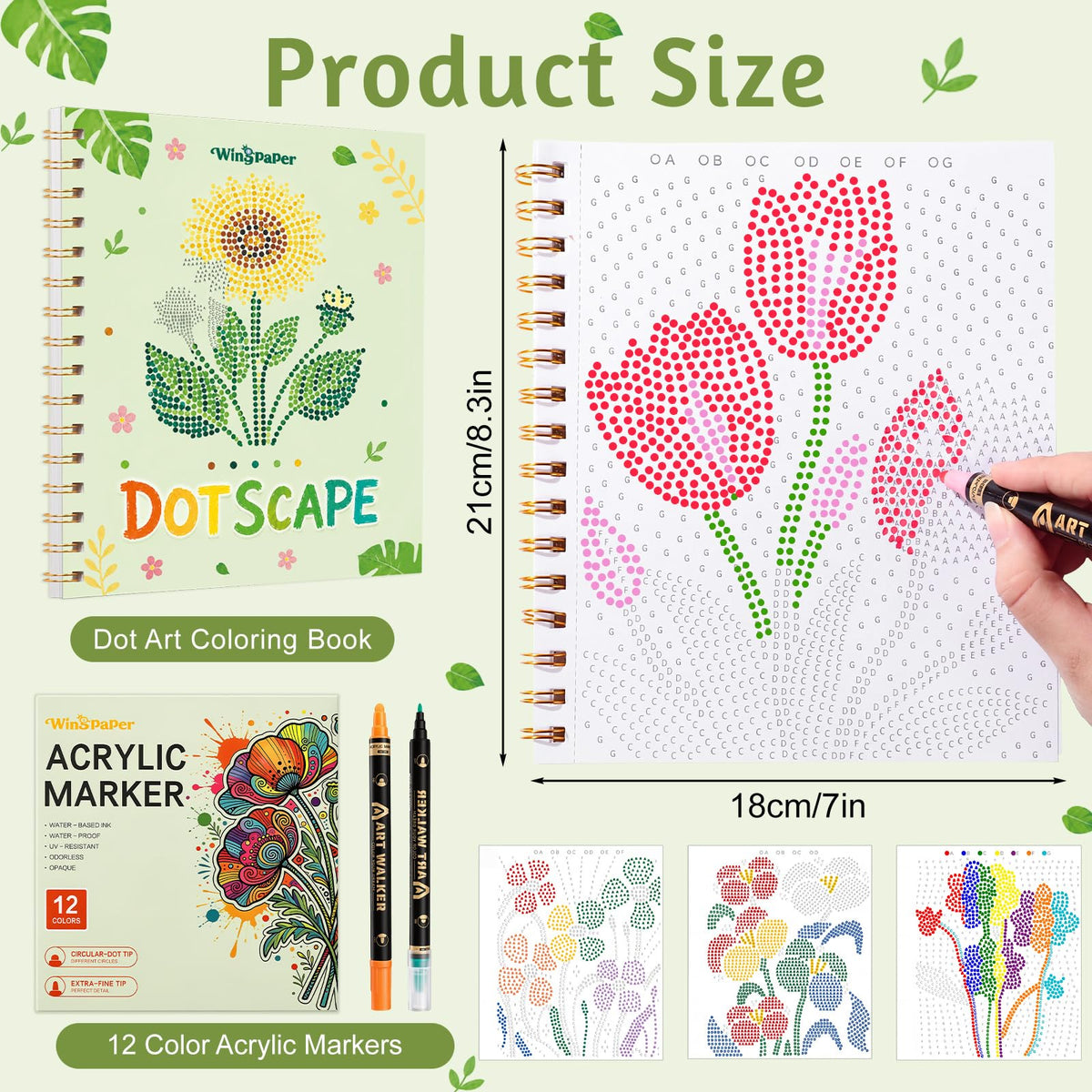 Coloring Book for Adults Dot Marker Set, 1 Pad & 12 Acrylic Paintbrushes | Single-sided tear-out pages with varied dot art themes for portable creative downtime
