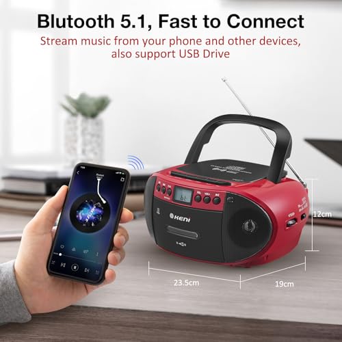 G Keni CD Cassette Player Combo, Boom Box with CD Player & AM/FM Radio | CD & Cassette Tape Player, AM/FM Radio, Bluetooth, USB Playback, Cassette Recording, Portable Design, AC/Battery Powered
