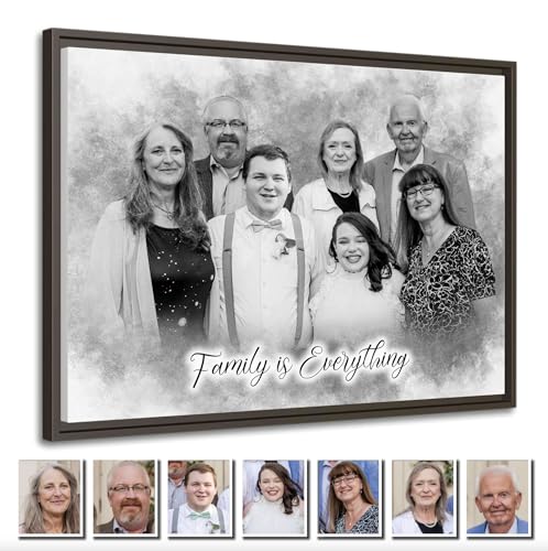Custom Pencil Drawing from Photos – Charcoal Style Portrait – Merge Family Photos, Add Passed Loved One – Memorial Gift with Angel Wings – Personalized Canvas from Picture – In Memory of Mom