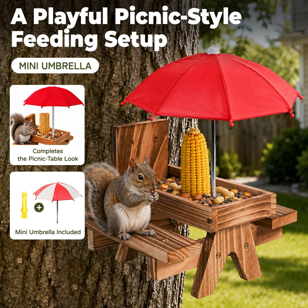 Squirrel Feeder for Outside, Funny Wooden Picnic Table with Mini Umbrella | Solid wood feeder for squirrels and chipmunks, drainage mesh, corn cob holder, feeding area, tree or fence mount