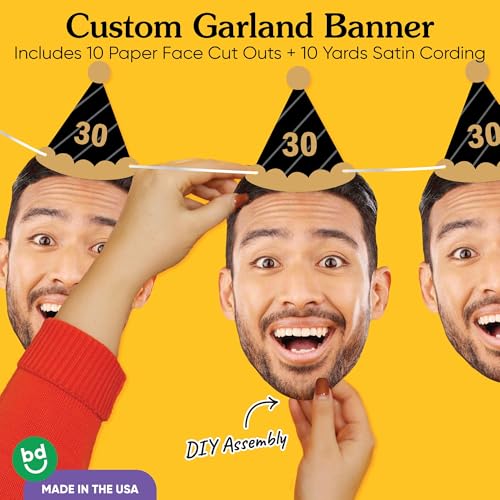 Custom Photo Adult Black & Gold Birthday Age Hat - Garland Banner - 10pc | Personalized Photo Banner, 10 Face Cutouts with Cone Hats, Custom Birthday Age Decorations, Cord Included, USA-made