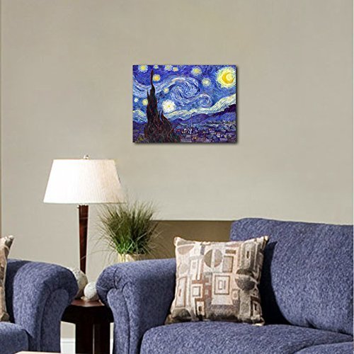 Wieco Art Starry Night Vincent Van Gogh Canvas Wall Art Prints | Gallery Wrapped, Ready to Hang, Paintings Reproduction, Abstract Landscape Pictures, Wall Art for Home Office Decorations
