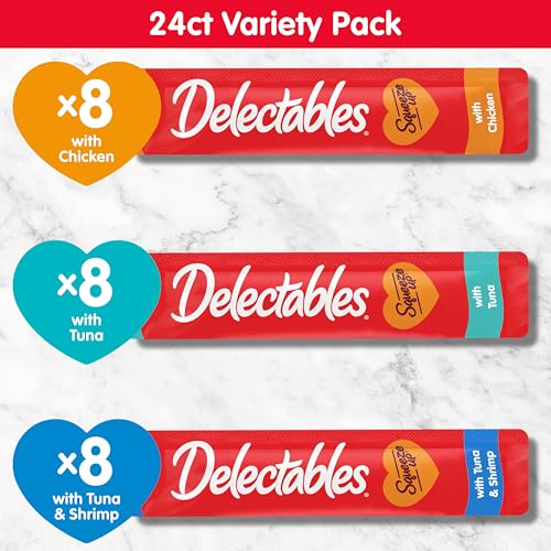 Delectables Squeeze Up Variety Pack, Creamy Squeezable Puree, Lickable Wet Cat Treats, Grain Free, No Added Fillers, No By-Products, No Added Preservatives, 0.5 Ounces Tube, 24 Tubes Total