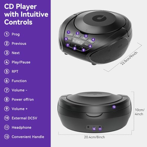 Gueray CD Player Portable Boombox Radio CD Players with Dual Speakers | Bulit-in FM Radio AUX Input Support Headphones Playlist Mode PROG Playback for Outdoor Indoor Audiobooks