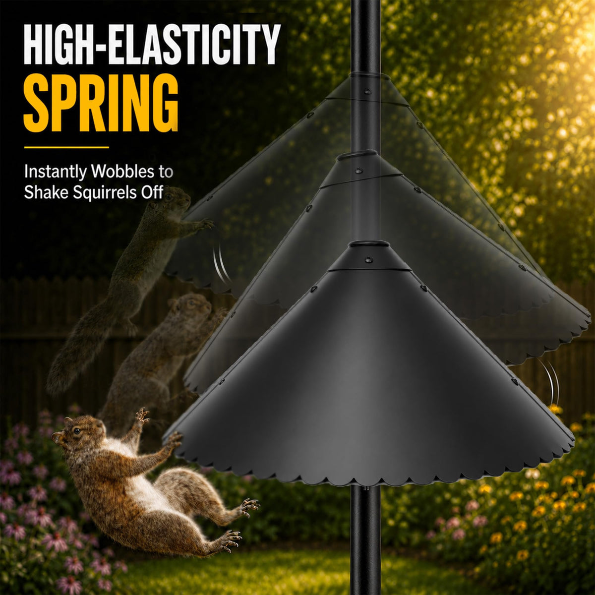 eWonLife 19 inch Metal Squirrel Baffle for Bird Feeder Pole | Easy-Clean Cone, Rust-Resistant Coating, Stainless Steel Wobble Spring, Heavy-Duty Squirrel Deterrent, Easy Installation