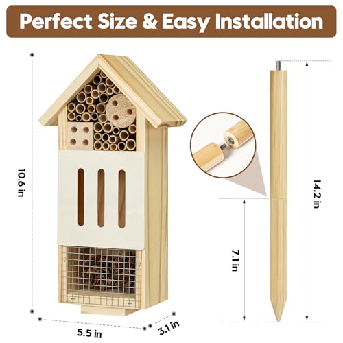 UUMENHA Bee House Bug Hotel & Butterfly House with Stake,Ladybug Hotel | Natural Insect Habitat for Garden, Patio, or Yard, Attracts Pollinators, 10.4 x 5.5 x 3.2 Inches,14 inches Stake