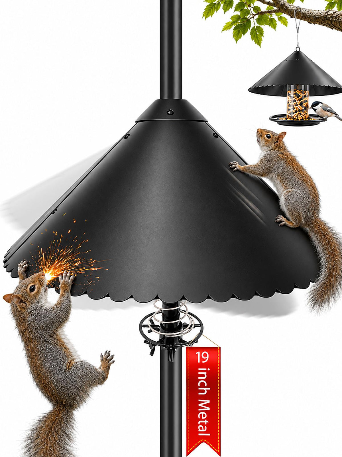 eWonLife 19 inch Metal Squirrel Baffle for Bird Feeder Pole | Easy-Clean Cone, Rust-Resistant Coating, Stainless Steel Wobble Spring, Heavy-Duty Squirrel Deterrent, Easy Installation