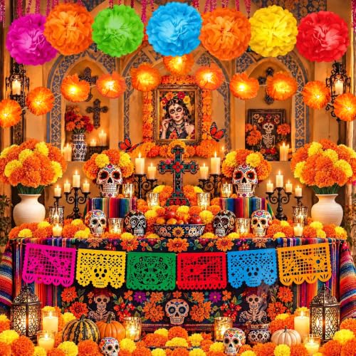 132Pcs Day of The Dead Decor Kit Dia De Los Muertos Decorations Altar Decor | Marigold Garland Light 9 Papel Picado Banners 7 Paper Flowers 50 Marigold Flowers with 50 Stems 15 Butterflies for Diwali