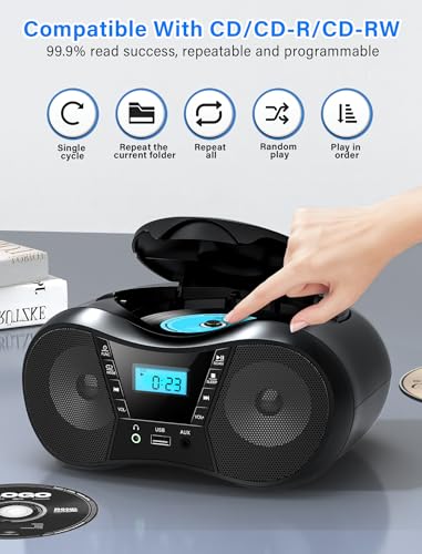 Greadio Portable Boombox CD Players for Home with Bluetooth, Stereo Sound | FM Radio CD Player, Simple Controls, CD/CD-R/RW, Compact, AC/Battery Power, USB & AUX Input Playback, Sleep Timer (Black