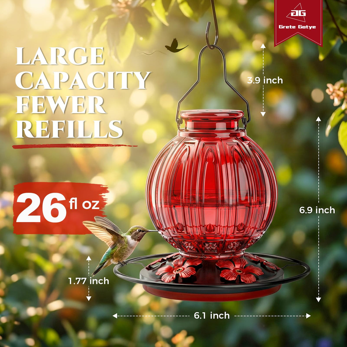 Glass Hummingbird Feeder for Outdoors Hanging, 26 fl oz Bird Nectar Feeder | 5 Metal Flower Feeding Ports, 360° Perch Ring, Easy Refill & Clean, Leakproof, Ideal for Backyard, Garden Outdoor Decor, Red