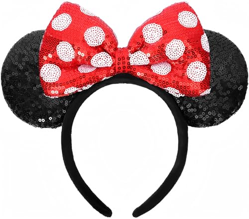 ETLUK Mouse Ears Headband, Mouse Ears Sequin Bow Headbands for Women Girls, Cosplay Accessories Party Decorations (Red)