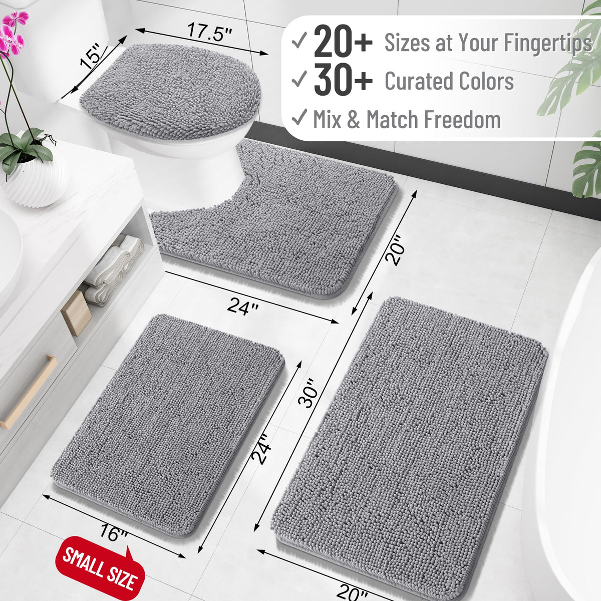 OLANLY Bathroom Rugs 30x20, Extra Soft Absorbent Chenille Bath Rugs | Grey, Quick-Drying Rubber Backing, Machine Washable Bath Mat for Bathroom Floor, Tub and Shower, Home Decor Accessories