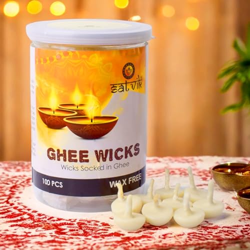 SATVIK Pack of 100 Pure Ghee Wicks for Puja | Ready-to-Use Diya Batti | 30-Min Burn Time | Wax-Free Cotton Wicks | Ideal for Pooja, Meditation, Diwali, and Housewarming Gifts