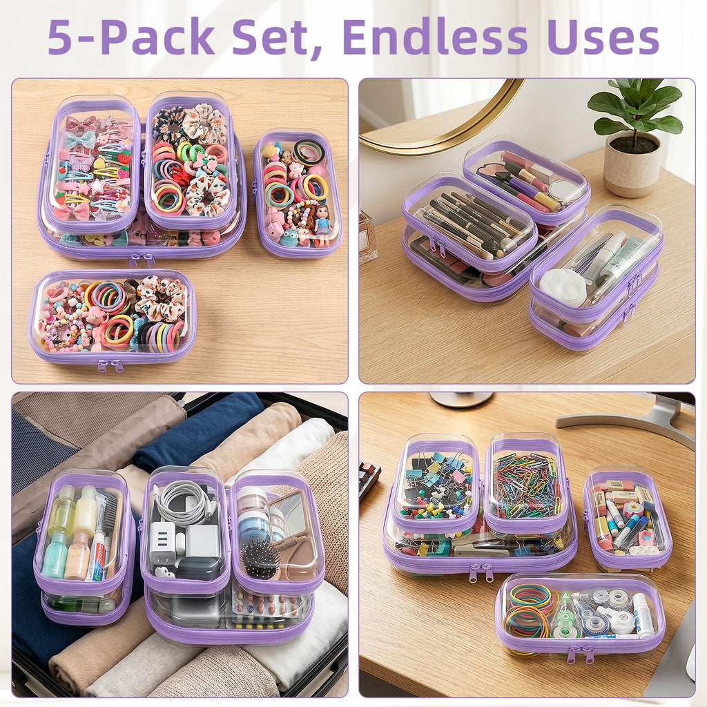 CarryEpic Clear Hard Shell Zipper Cases (5 Packs), Plastic Hard Sided Zippers Pouches Clear Hardshell Pencil Case For Storage, Diaper Bag Organizer Bliss Bins 4*Small/1*Medium, Purple