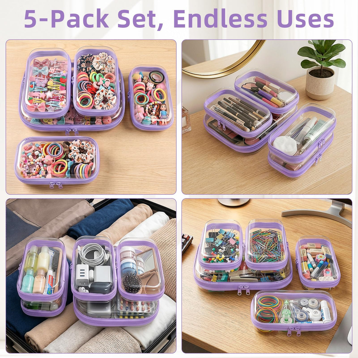 CarryEpic Clear Hard Shell Zipper Cases (5 Packs), Plastic Hard Sided Zippers Pouches Clear Hardshell Pencil Case For Storage, Diaper Bag Organizer Bliss Bins 4*Small/1*Medium, Purple