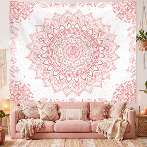 Apdidl Pink Boho Wall Tapestry for Bedroom,Mandala Bohemian Tapestries Girl | Girls Large Light Pink and White Cute Room Wall Hanging, Floral Hippy Flowers Teen Wall Decor Art Aesthetic for Dorm 51"X60"