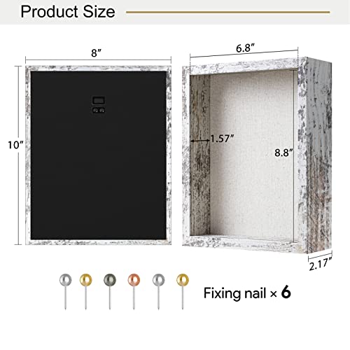 Califortree 8x10 Shadow Box Frame with Linen Back - Real Glass, Push Pins Included, Sturdy Rustic Memory Display Case, Fits 6.8x8.8 Inserts, Distressed White