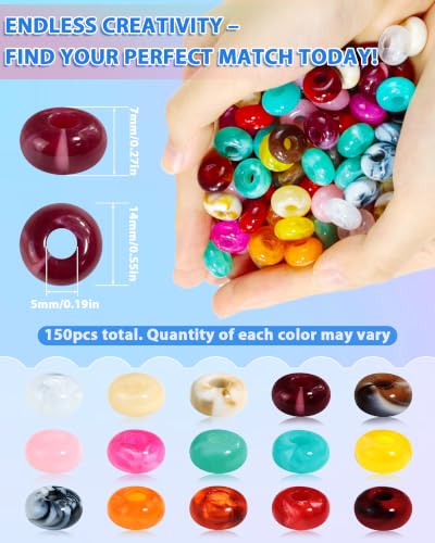FIVEIZERO 150Pcs Acrylic Large Hole Beads for Carabiner Bag Charms，14mm | 15 Colors; Marbled Chunky Beads with 5mm Holes for Keychains Paracord DIY Beaded Bag Charm Beads Jewelry Making