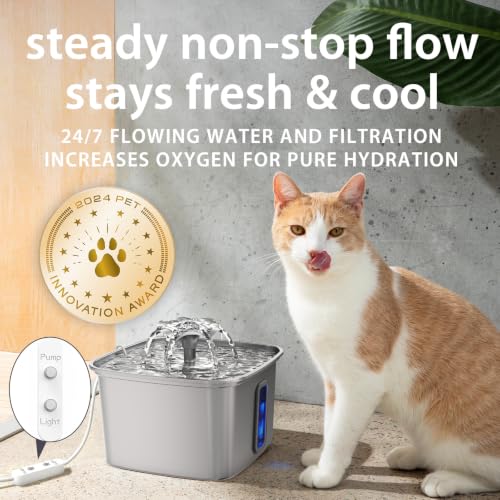 Veken Innovation Award Winner Stainless Steel Cat Water Fountain, 108oz, C1 | Automatic Pet Fountain Dog Water Dispenser with 3 Replacement Filters & Silicone Mat, Gifts for Cats, Dogs (Silver)