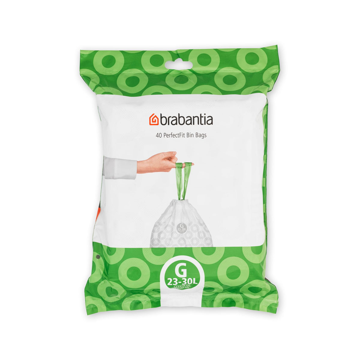 Brabantia PerfectFit Bin Liners, Tear-Resistant, Size G/23-30L (40 Bags) | Tie Tape Drawstring Handles, Thick Plastic Trash Bags, Hassle-Free Changing, White With Green Tie Handles