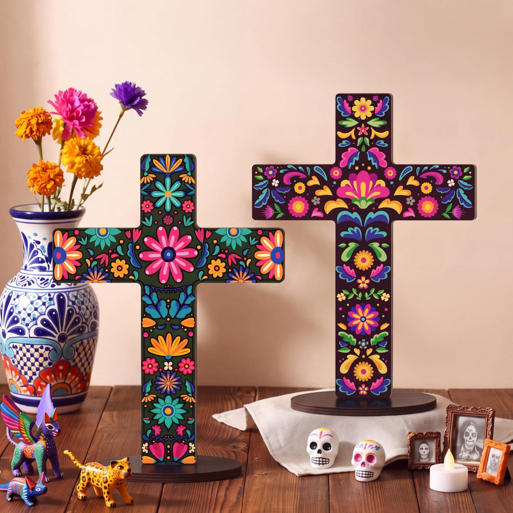 Pinkunn 2 Pcs Day of The Dead Cross Decor, Floral | 9 X12 in Hand Painted Wooden Dia De Los Muertos Cross, Mexican Altar Ofrenda Decor, Spanish Crucifix, Home Church Centerpiece
