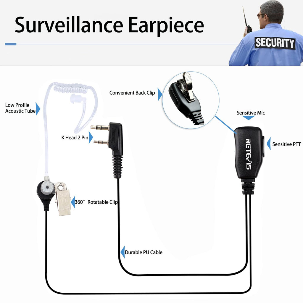 Retevis Walkie Talkie Earpiece with Mic, for RT22/RT21/RT68/H777/RT86 | Acoustic Tube, Compatible with Pxton, Baofeng BF-888S, Kenwood walkie talkies, Security Surveillance Headset(10 Pack)