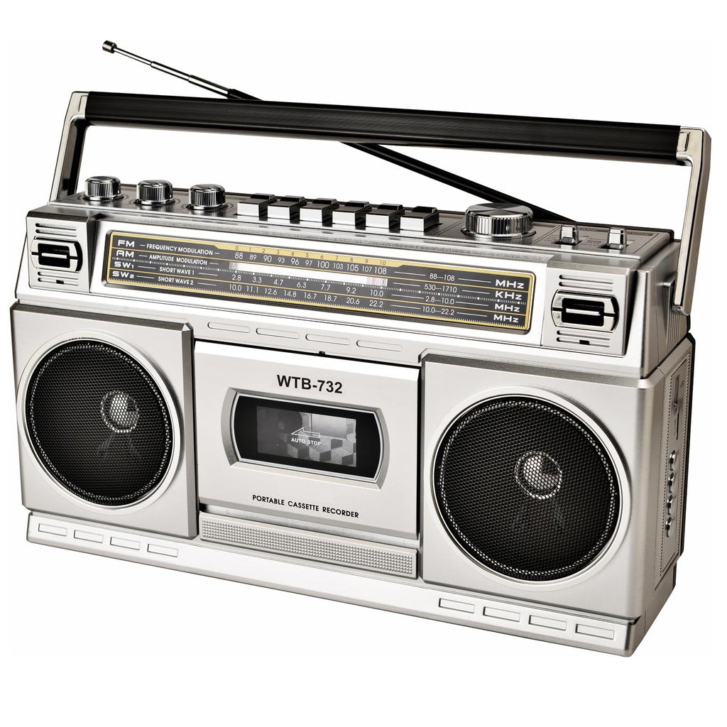 Retro Classic 80s Style Portable Boombox with Cassette Player Recorder, AM/FM/SW1/SW2 Radio, Bluetooth, USB/Micro SD Slots, Headphone Jack, 24W Dual Full-Range High Bass Speakers